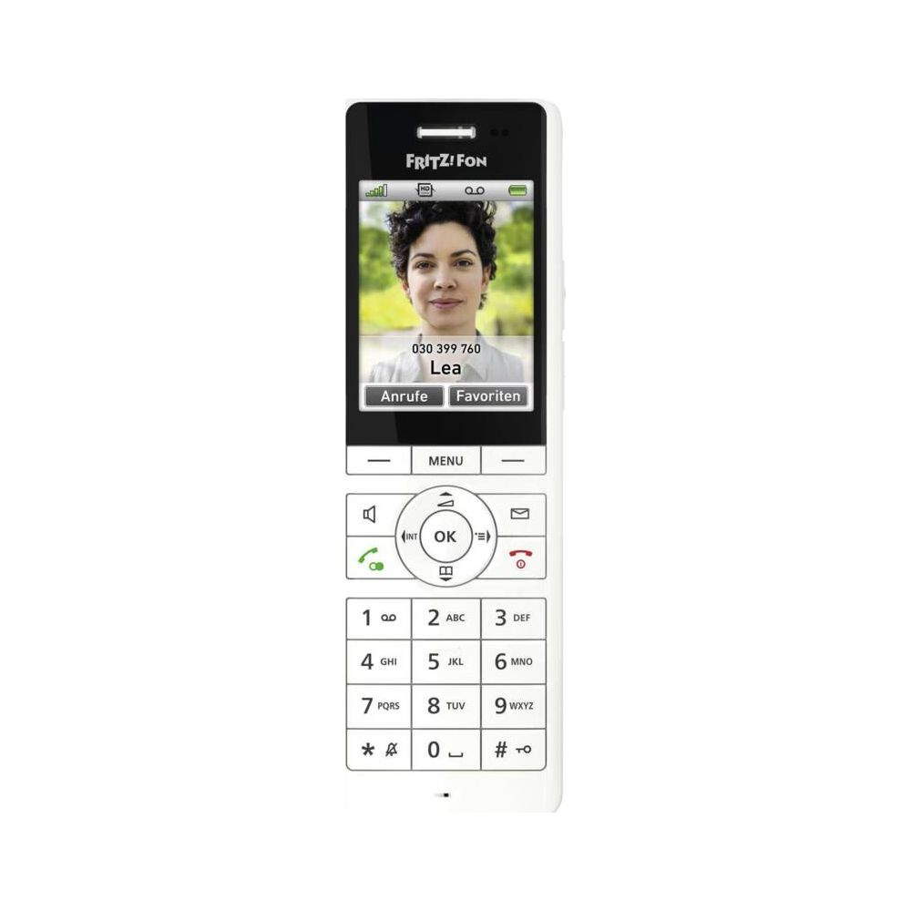 Ein Fritz!Fon DECT-Telefon mit Foto einer Frau und Tastenfeld.