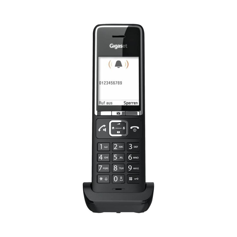 Un teléfono negro Gigaset con pantalla, teclado y base de carga.