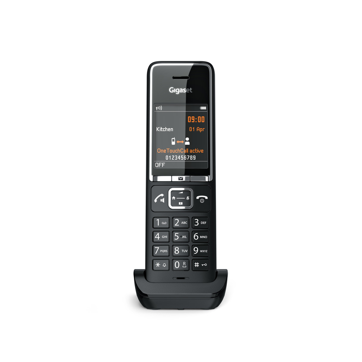 Un teléfono inalámbrico Gigaset negro sobre una base de carga. La pantalla muestra hora y fecha.
