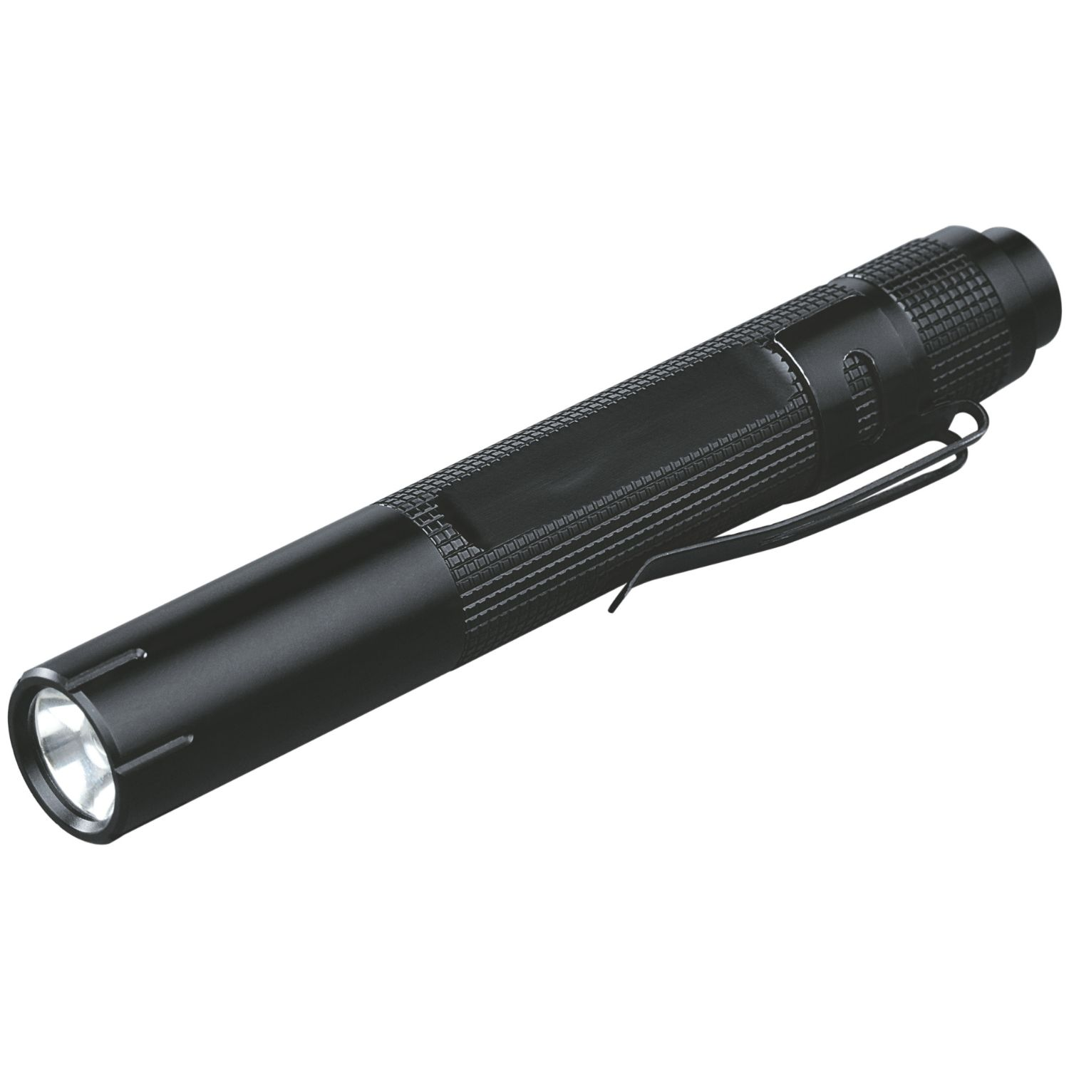 Lampe de poche noire avec poignée texturée et clip.