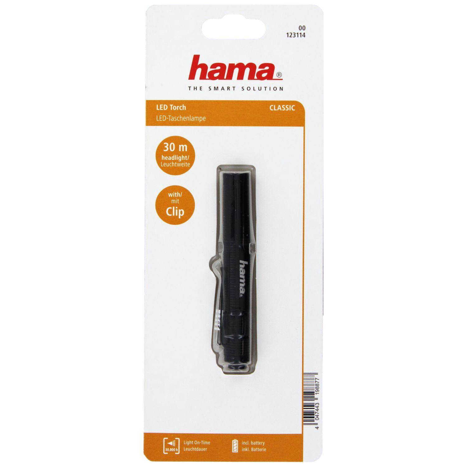 Emballage d'une lampe torche LED Hama avec 30m de portée et clip