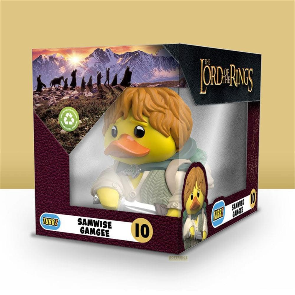 Ein Samwise Gamgee Quietscheentchen in einer Box mit Lord of the Rings-Motiv.