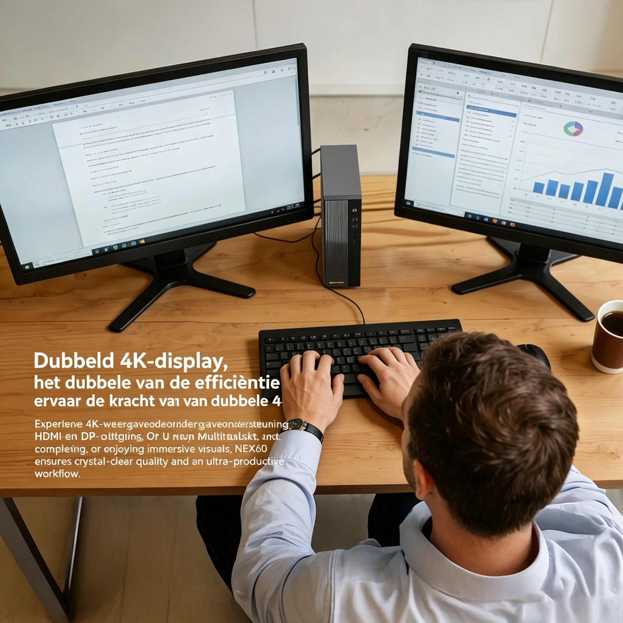 A man works at two 4K displays with keyboard, mouse, PC, and coffee.
