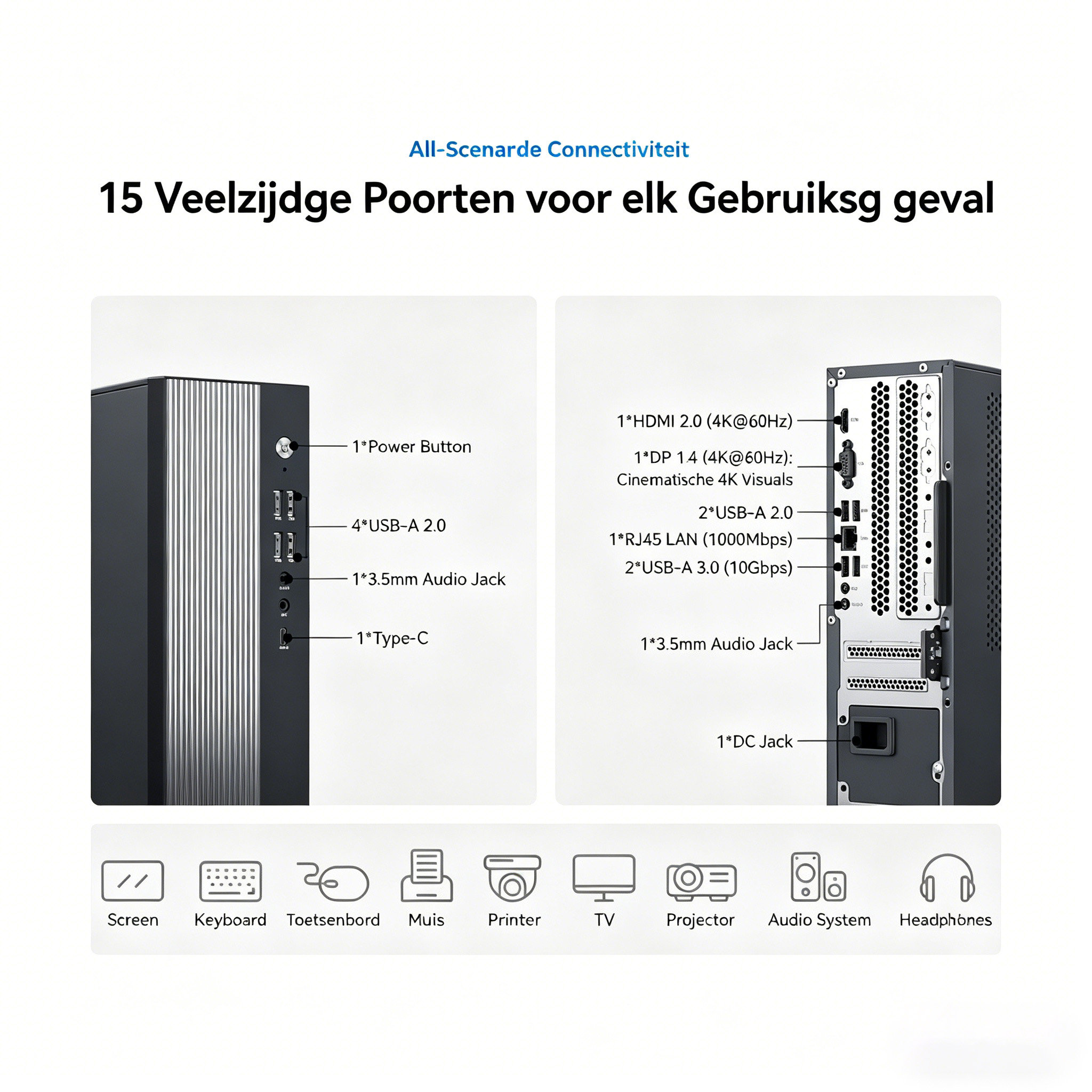 A black computer with ports and icons for peripherals.