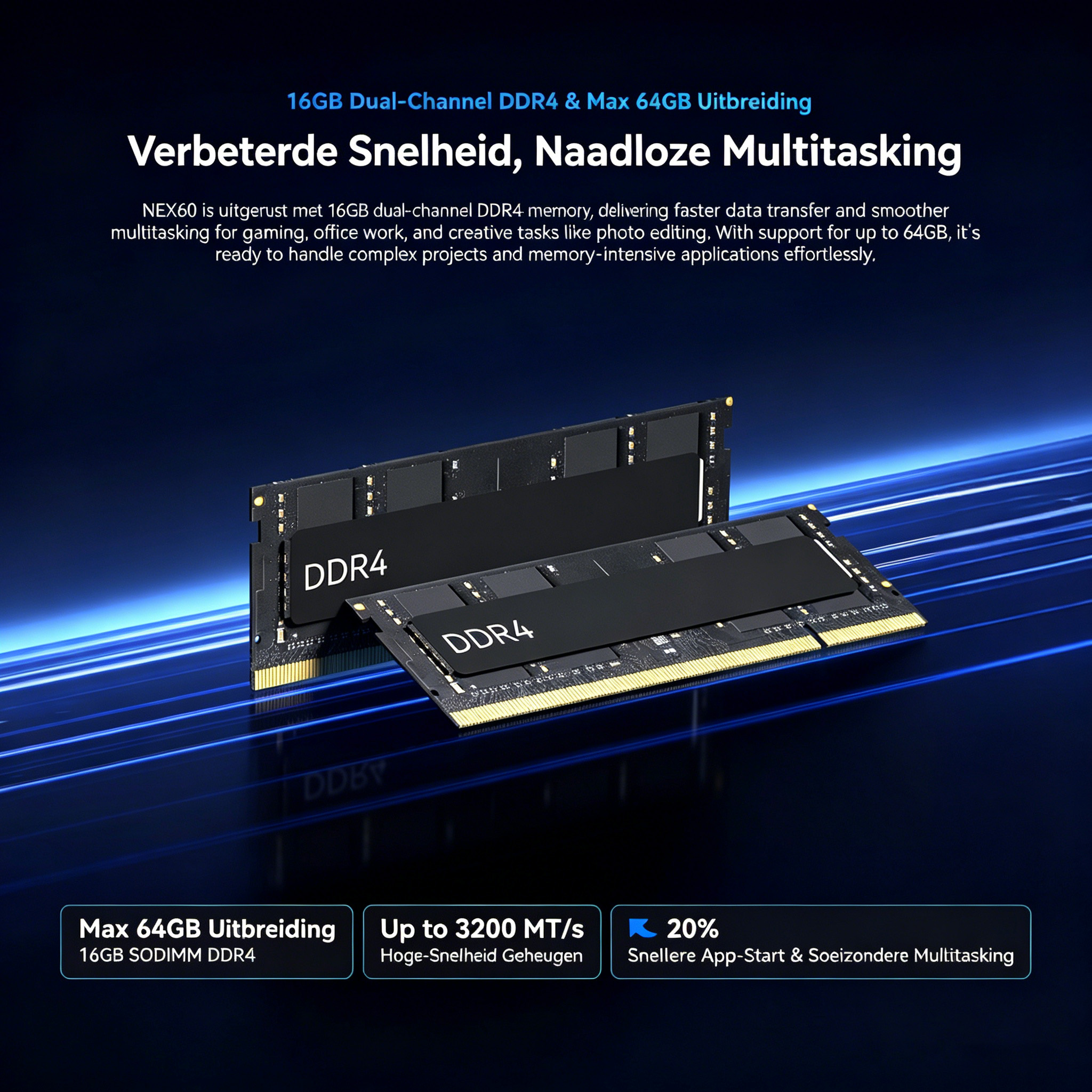 Two black DDR4 RAM modules are displayed on a blue background.