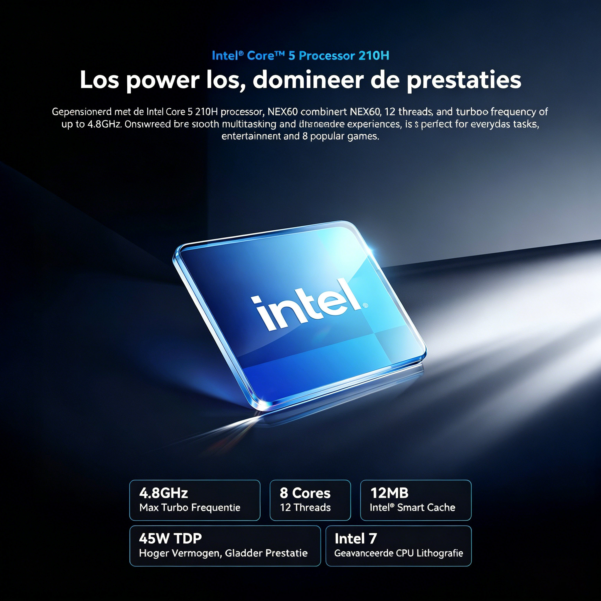 An Intel Core 5 210H processor with 8 cores, 12 threads, and 4.8GHz on a blue display.