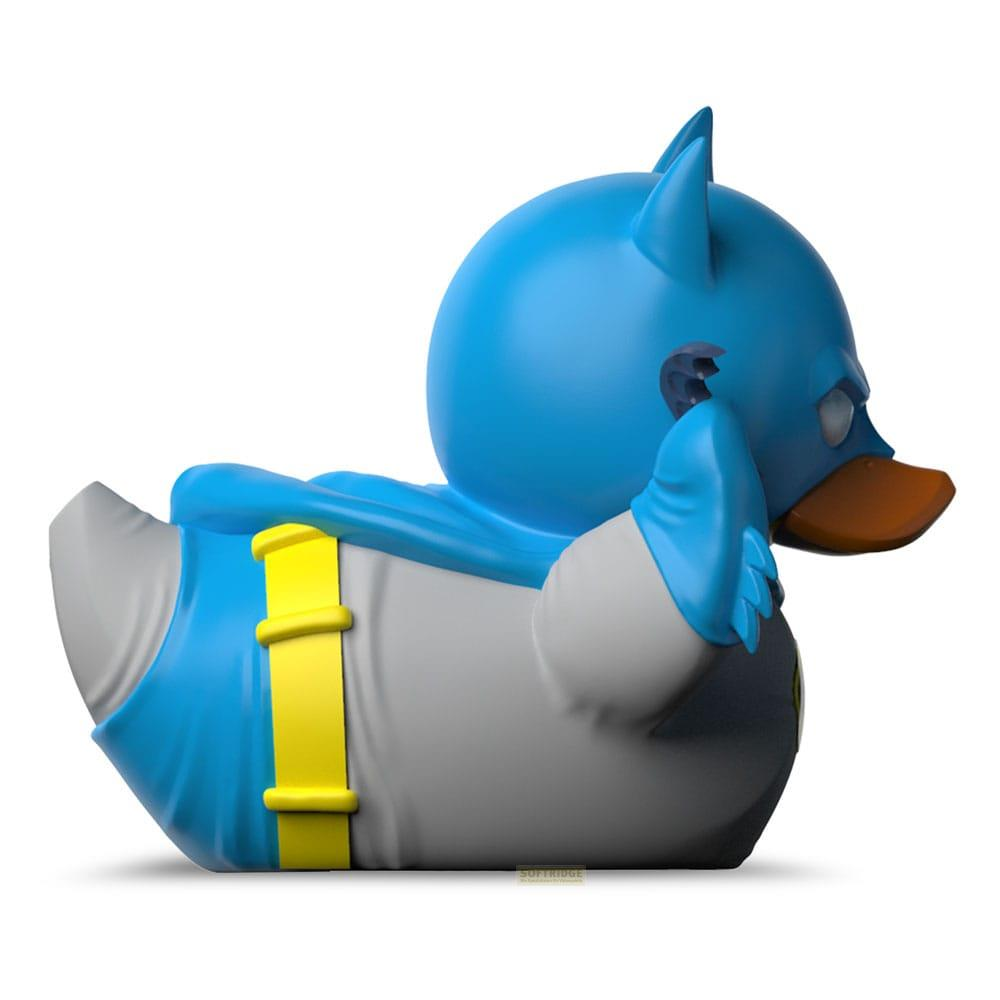 Eine blaue Batman-Gummiente mit gelbem Gürtel und Umhang.