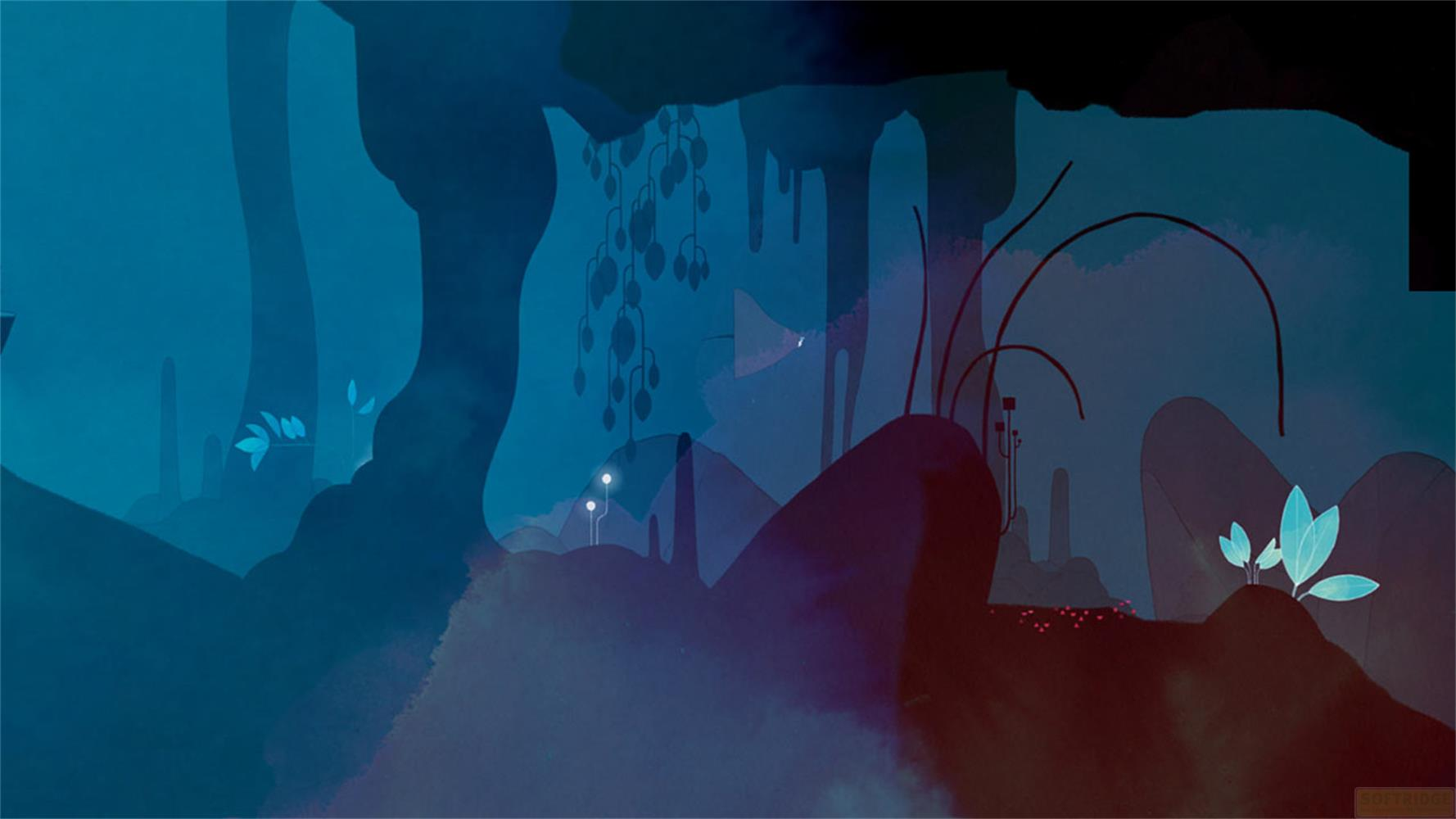 Eine blaue Höhle mit leuchtenden Pflanzen und dunklen Felsformationen.