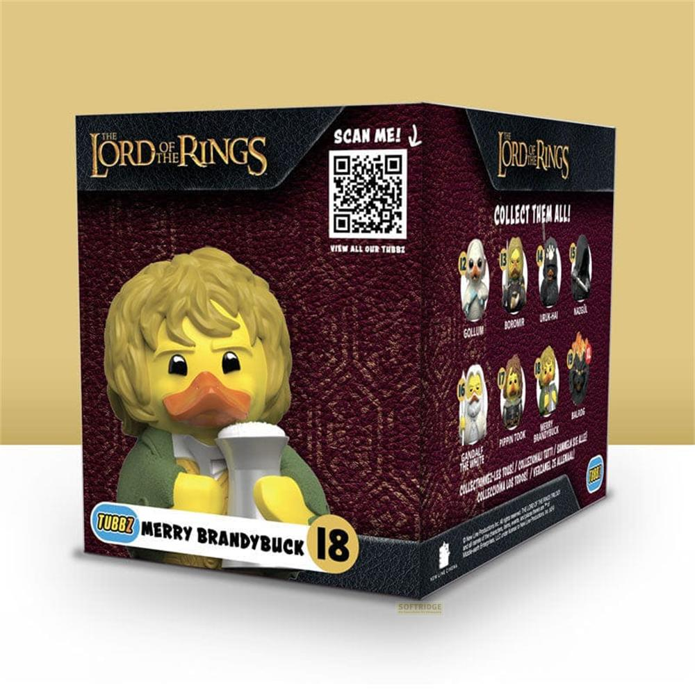 Lord of the Rings Tubbz "Merry Brandybuck" Entenfigur auf einer Box mit QR-Code.