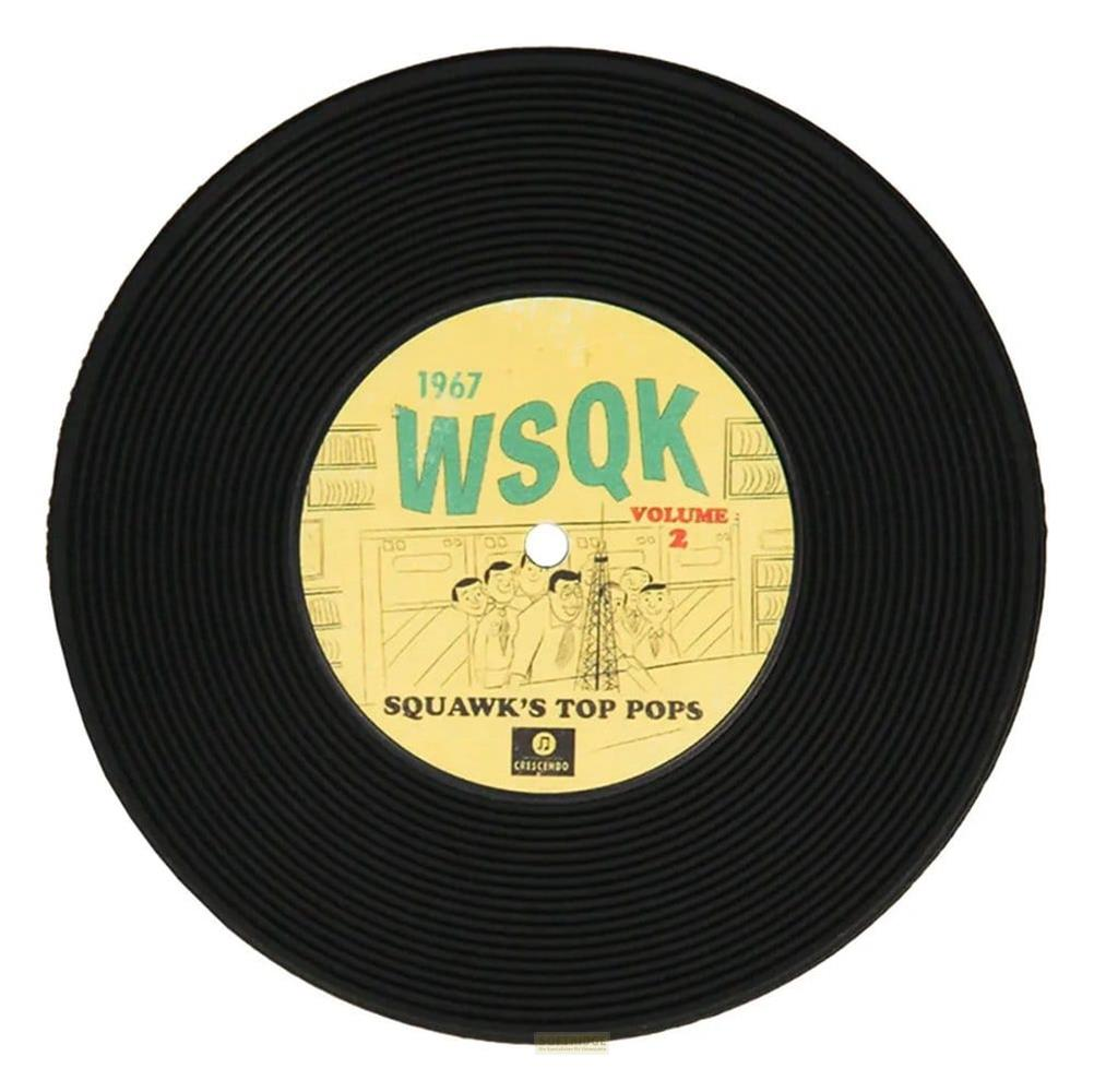 Czarna płyta winylowa z 1967 r. z żółtą etykietą, „WSQK Squawk's Top Pops”.
