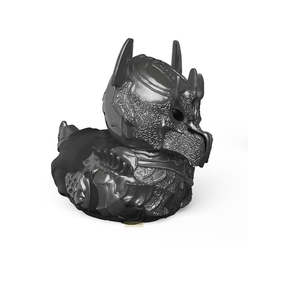Eine dunkle, drachenähnliche Gummiente mit detailliertem Helm und Rüstung.