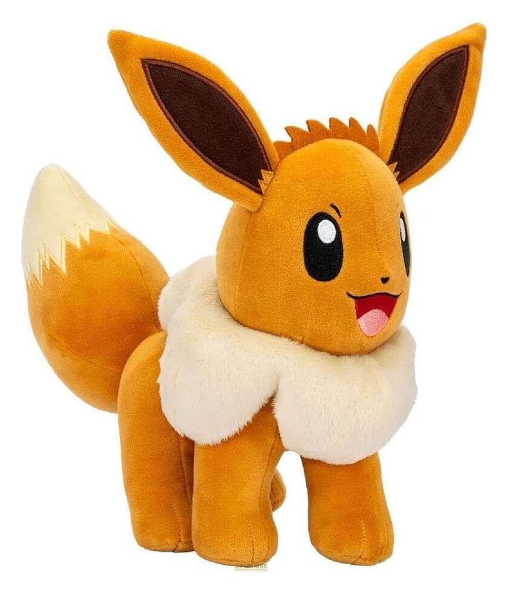 Un Eevee en peluche orange avec des oreilles marron et un col blanc.