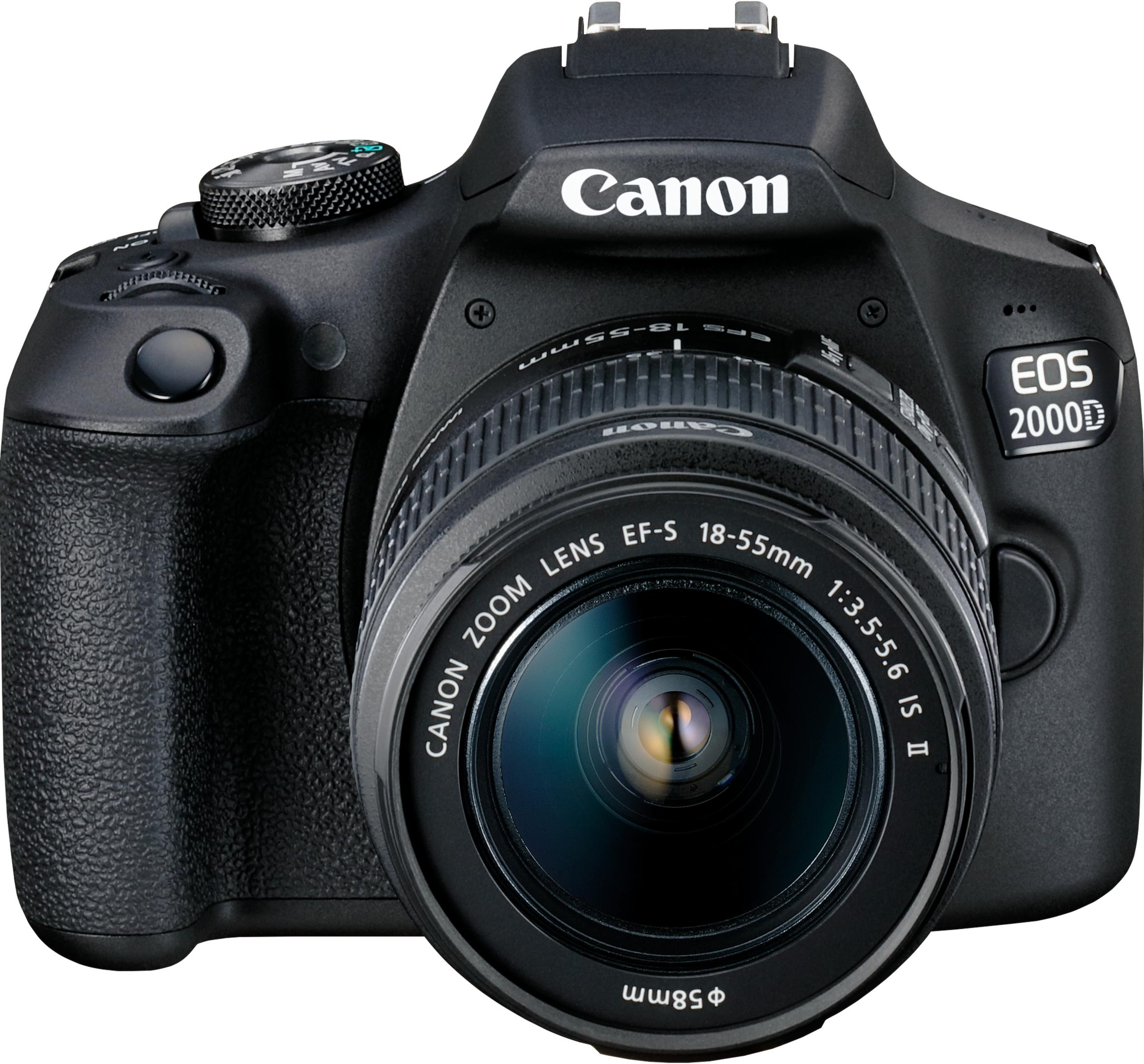 Fotocamera reflex Canon EOS 2000D nera con obiettivo EF-S 18-55mm.