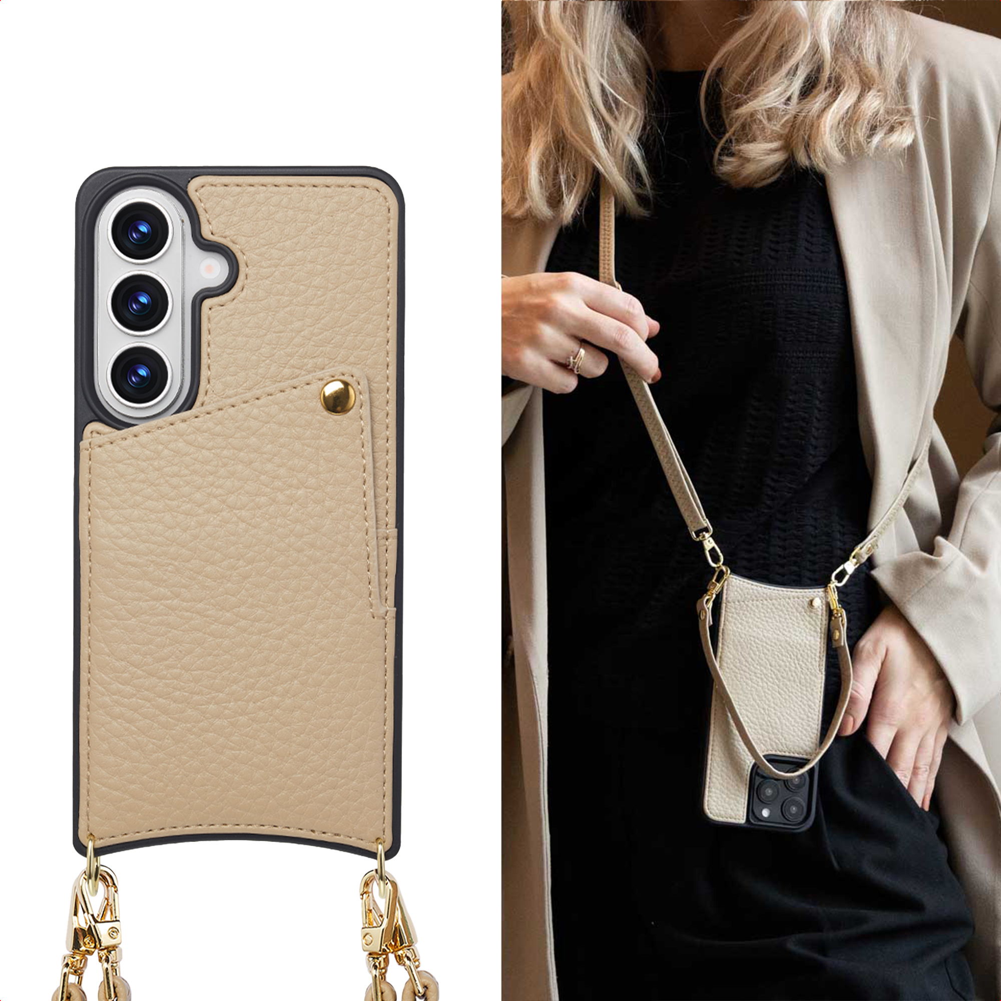 Een beige leren crossbody telefoonhoes met gouden ketting, gedragen door een vrouw.