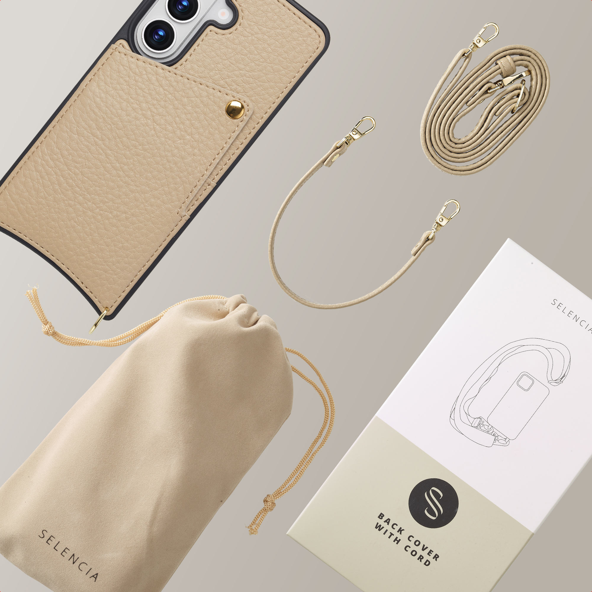 Beige leren telefoonhoesje, zakje met trekkoord en doos met koordillustratie.