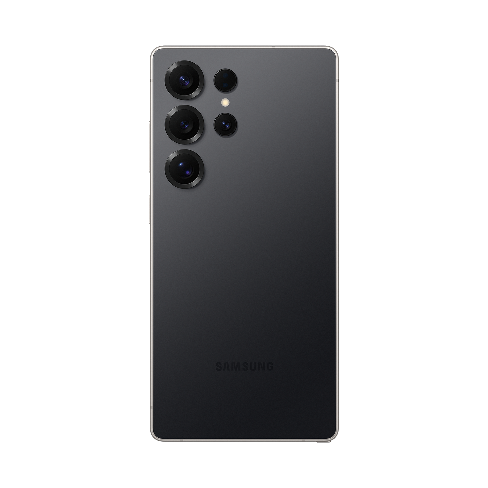 Tył ciemnego smartfona Samsung z czterema obiektywami aparatu i lampą błyskową.