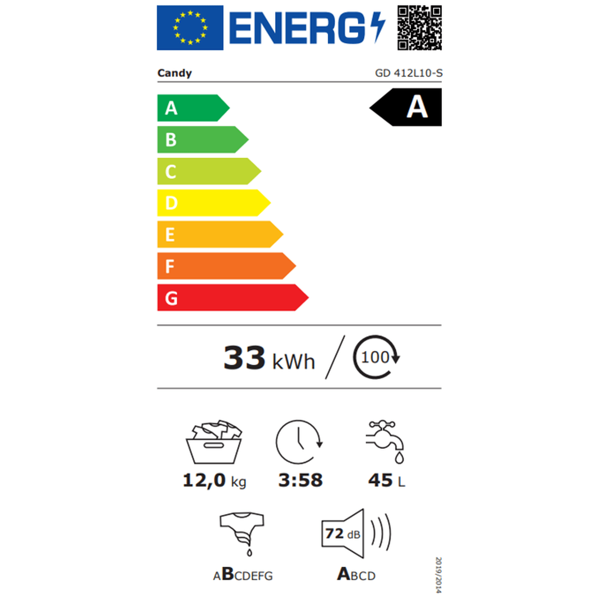 Etichetta energetica lavatrice Candy GD 412L10-S, classe A.