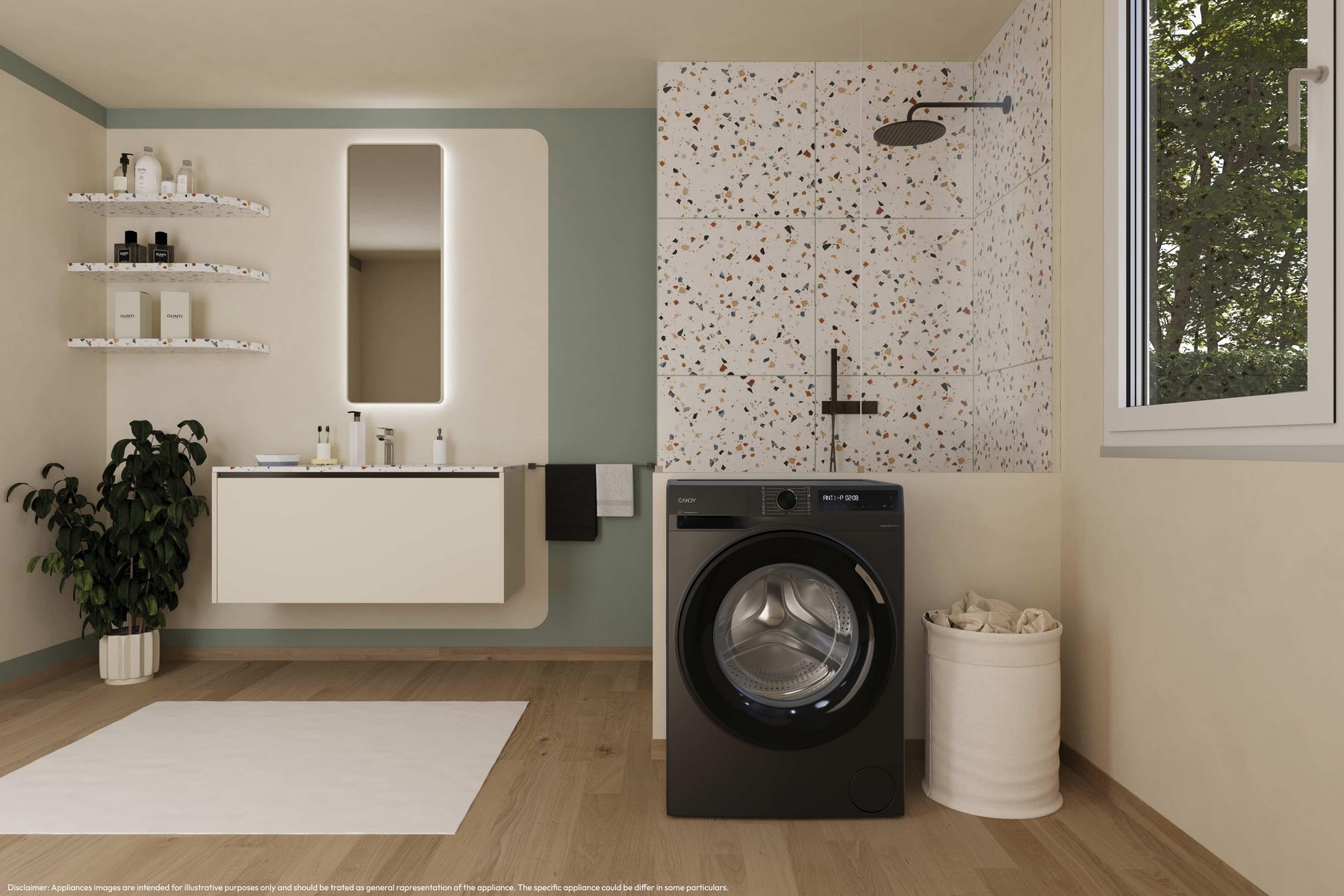 Un bagno moderno con lavatrice, doccia e lavandino.