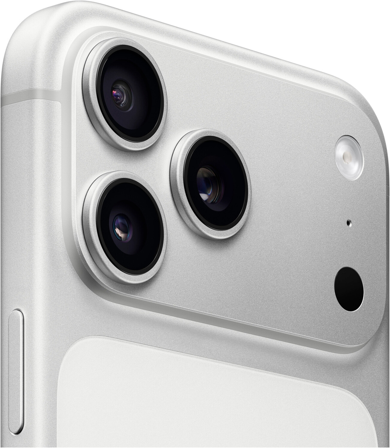 Close-up van de zilveren smartphone camera-array met drie lenzen en flitser.