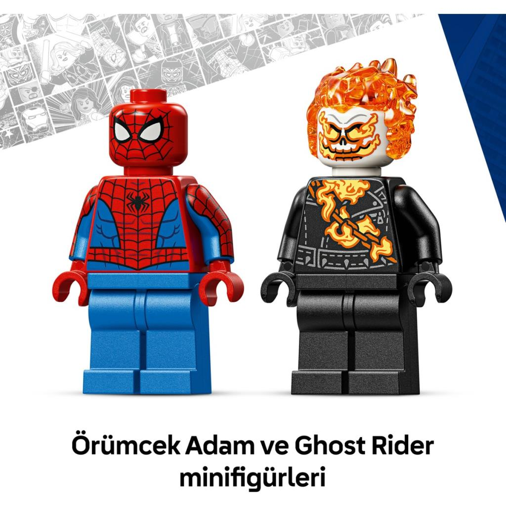 İki Lego minfigür: Kırmızı/mavi Spider-Man ve alevli başlı Ghost Rider.