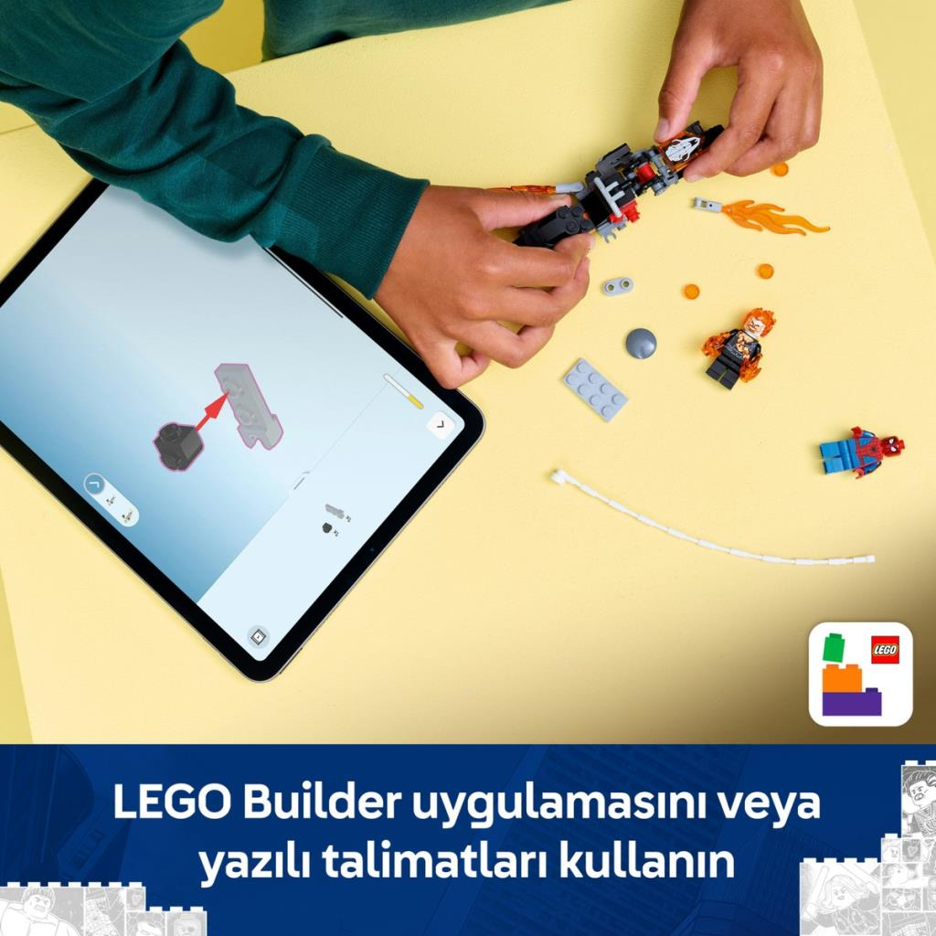 Bir çocuk, tabletin dijital talimatları ve fiziksel tuğlaları kullanarak bir LEGO modeli inşa ediyor.