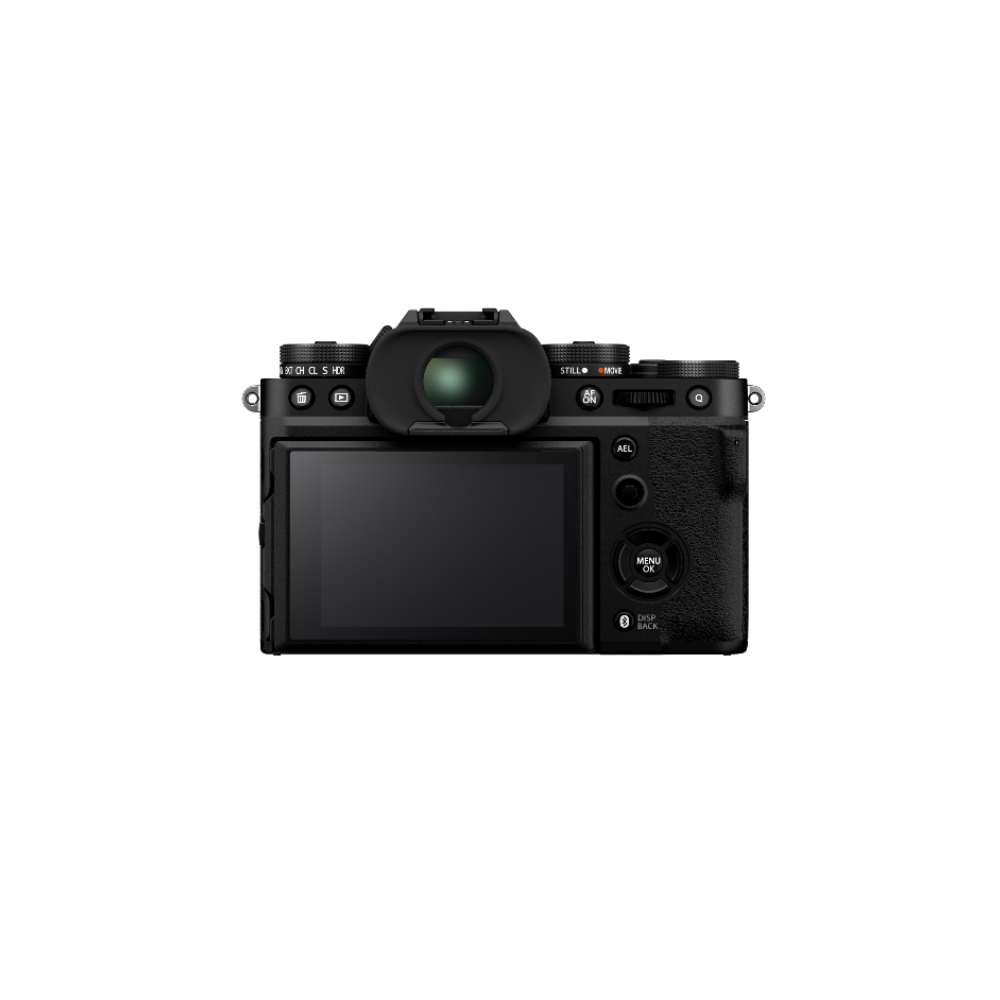 Achterkant van een zwarte digitale camera met scherm en knoppen.