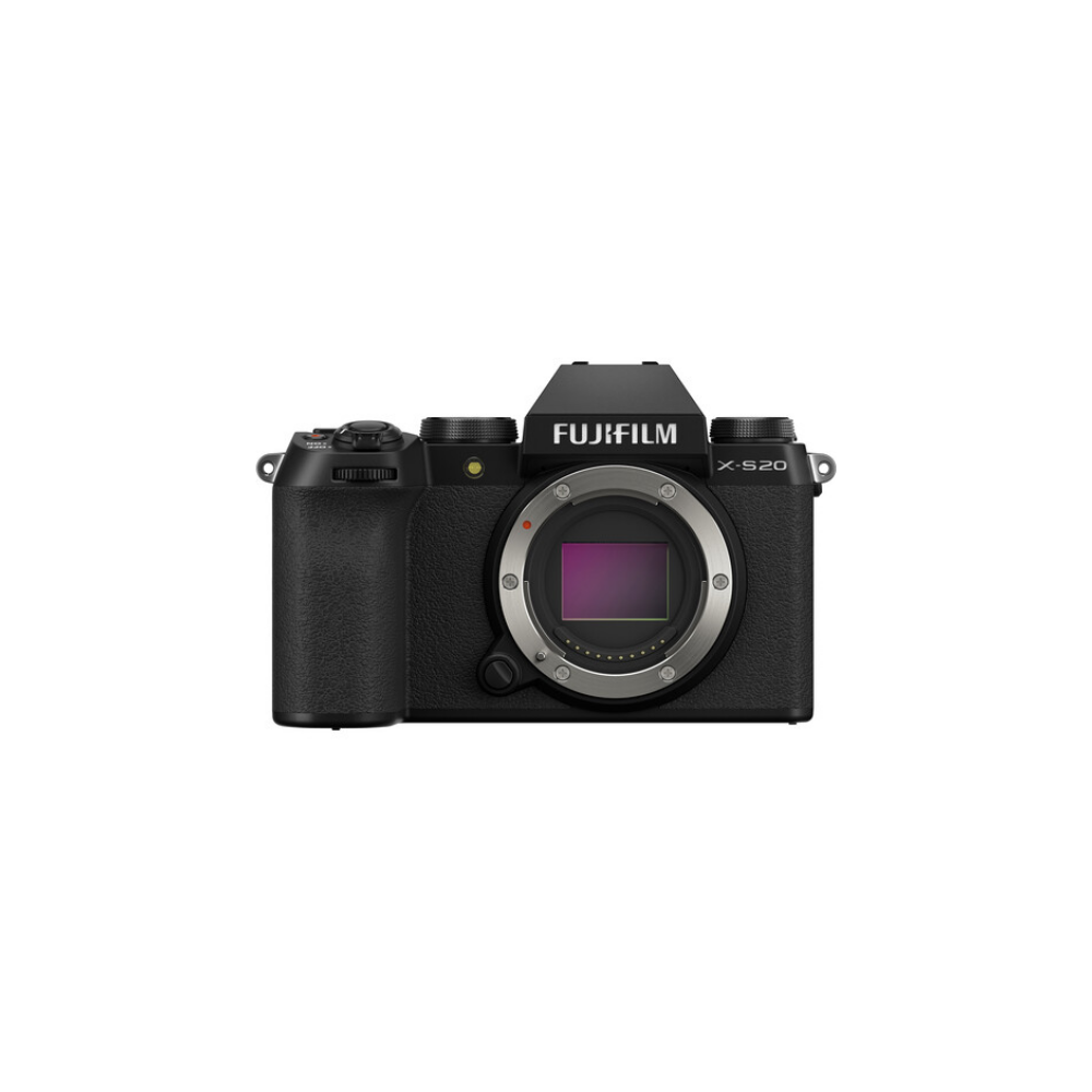 Zwarte Fujifilm X-S20 camera met lensvatting en bedieningsknoppen.