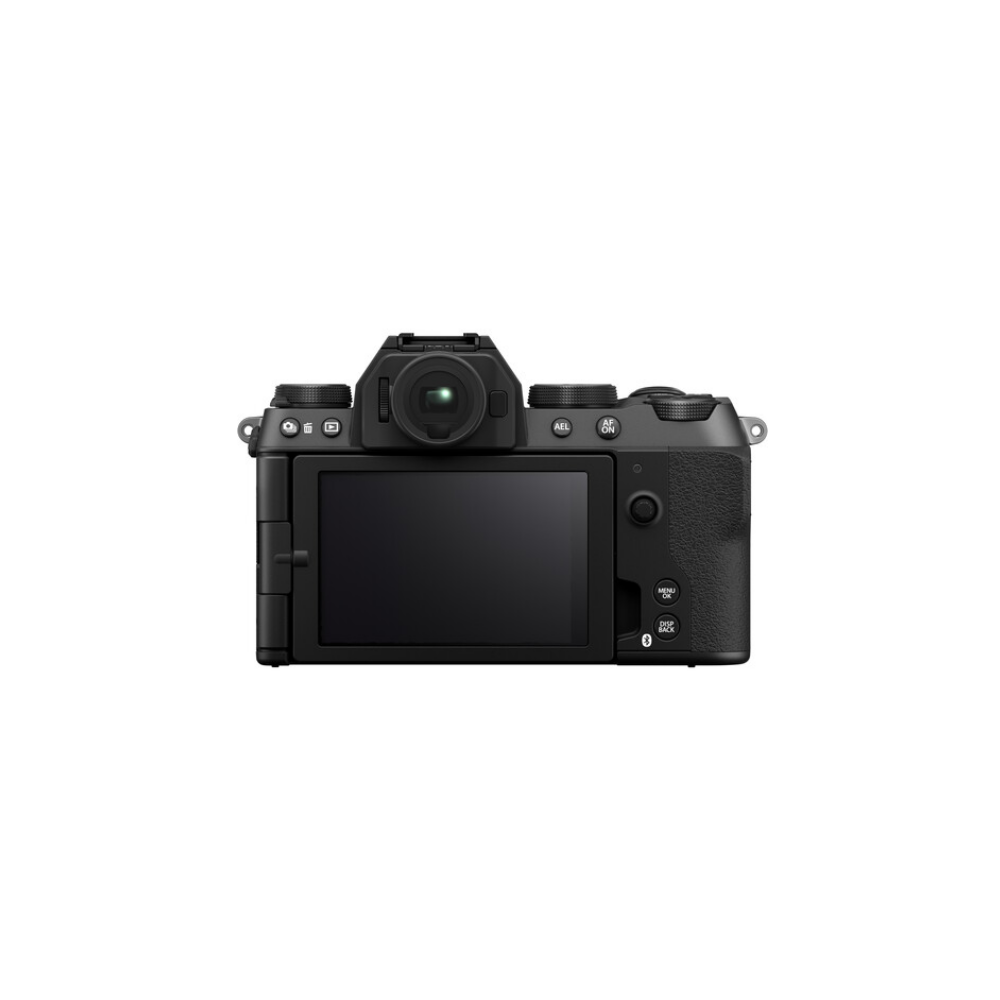 Achterkant van een zwarte digitale camera met scherm en knoppen.