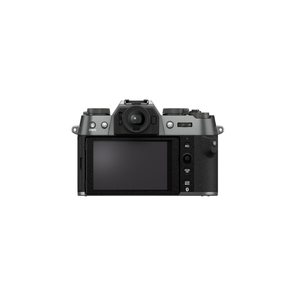 Achterkant van een grijze digitale camera met LCD-scherm en knoppen.