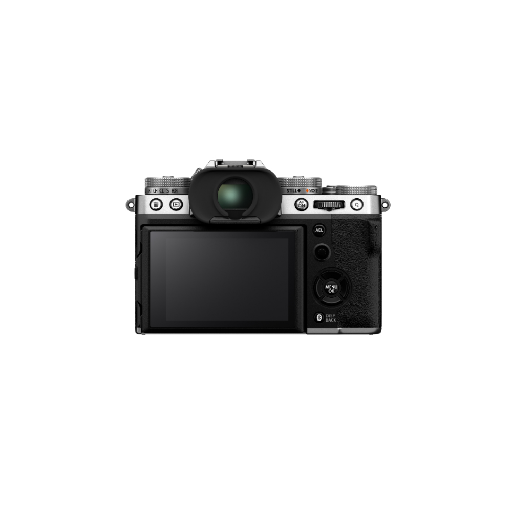 Achterkant van een zwarte digitale camera met scherm en bedieningselementen.