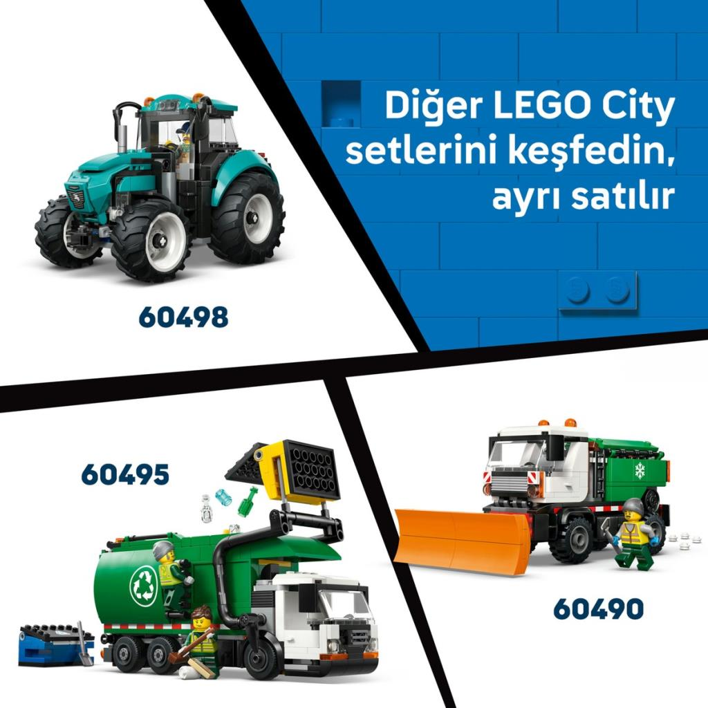 Üç LEGO City inşaat aracı: traktör, çöp kamyonu ve kar küreyici.