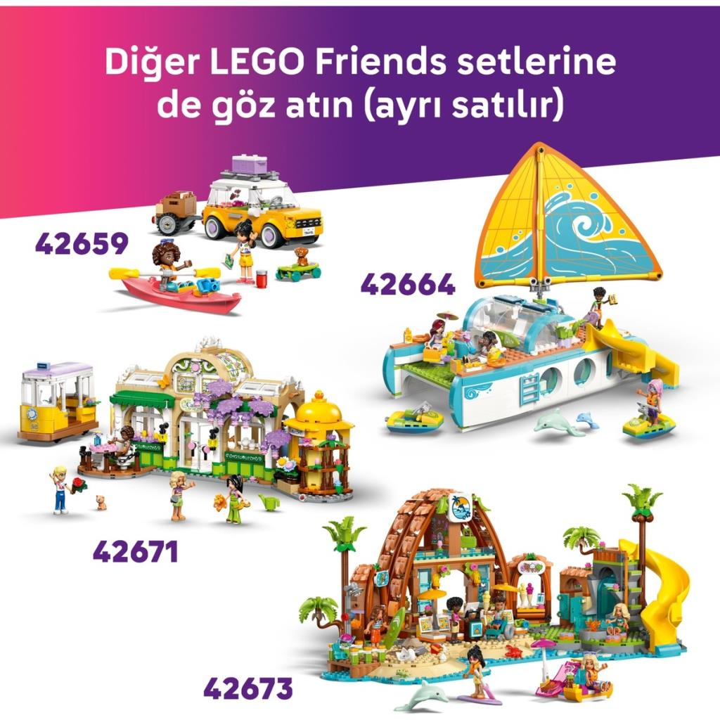LEGO Friends Setleri: Sarı ci̇p, bot, tramvay, yelkenli ve plaj evi.