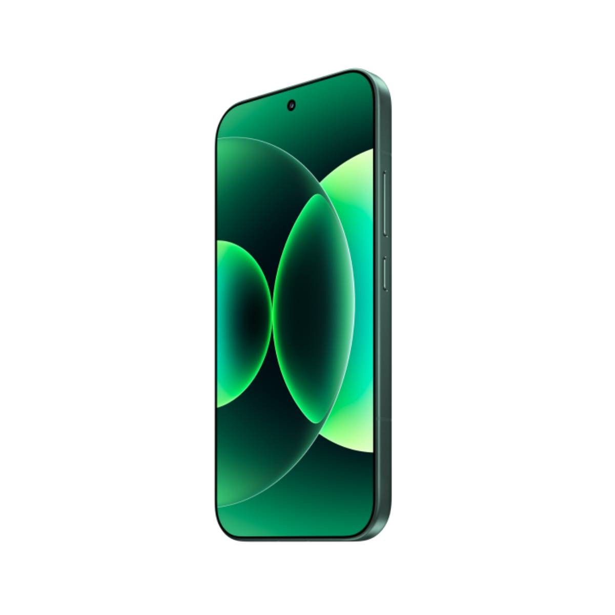 Dunkelgrünes Smartphone mit abgerundeten Ecken und einem Display mit grünen Kreisen.