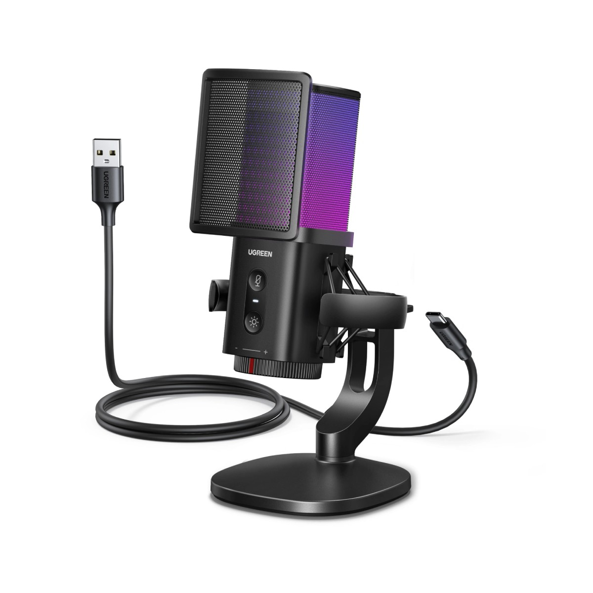 Czarny mikrofon USB ze stojakiem, kablem i oświetleniem RGB.