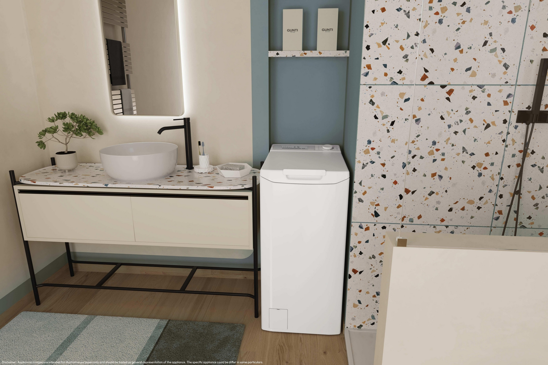 Bagno moderno con lavatrice, lavandino e specchio sopra un mobiletto.