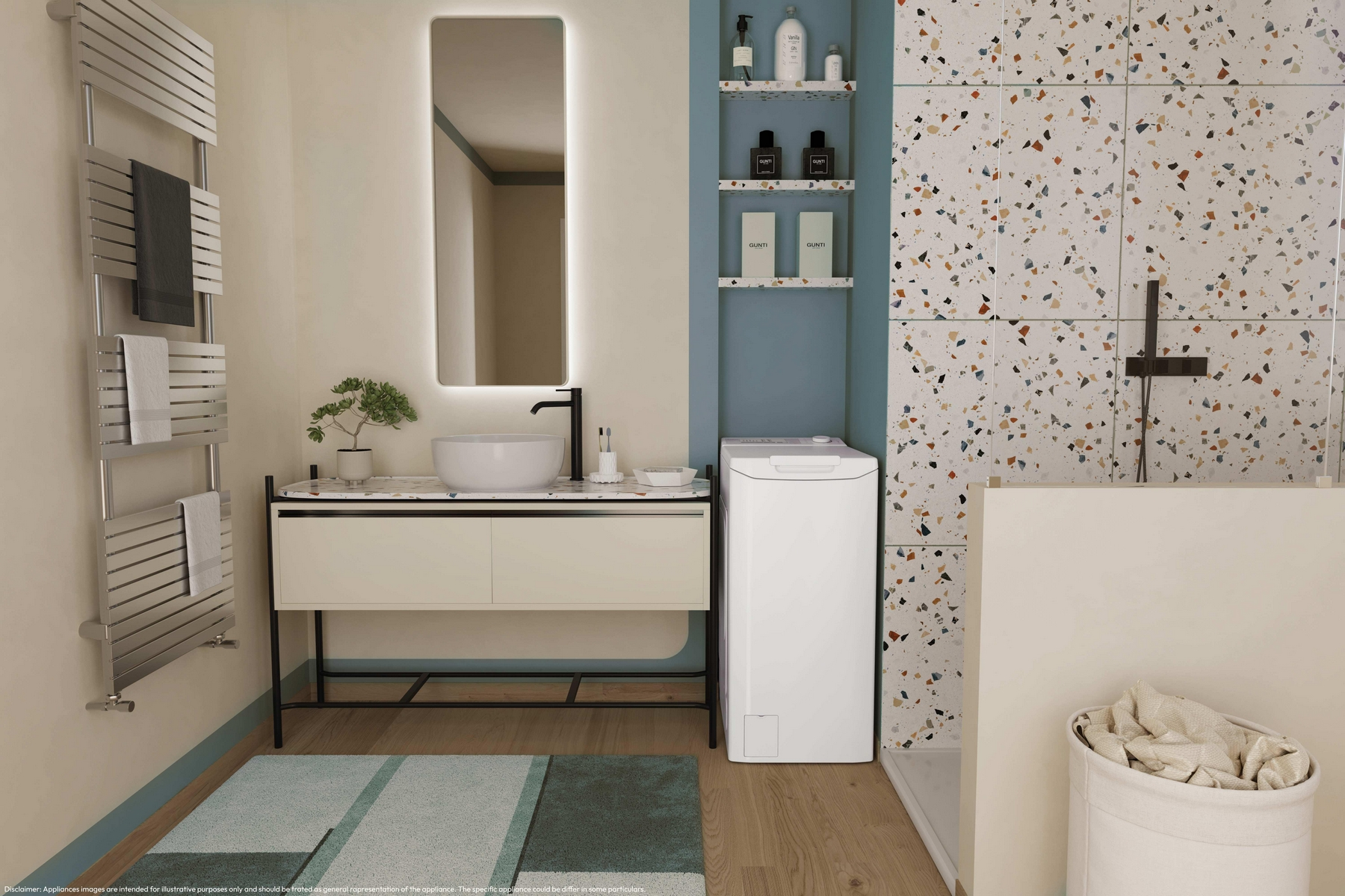 Un bagno moderno con lavatrice, lavabo e scaldasalviette.