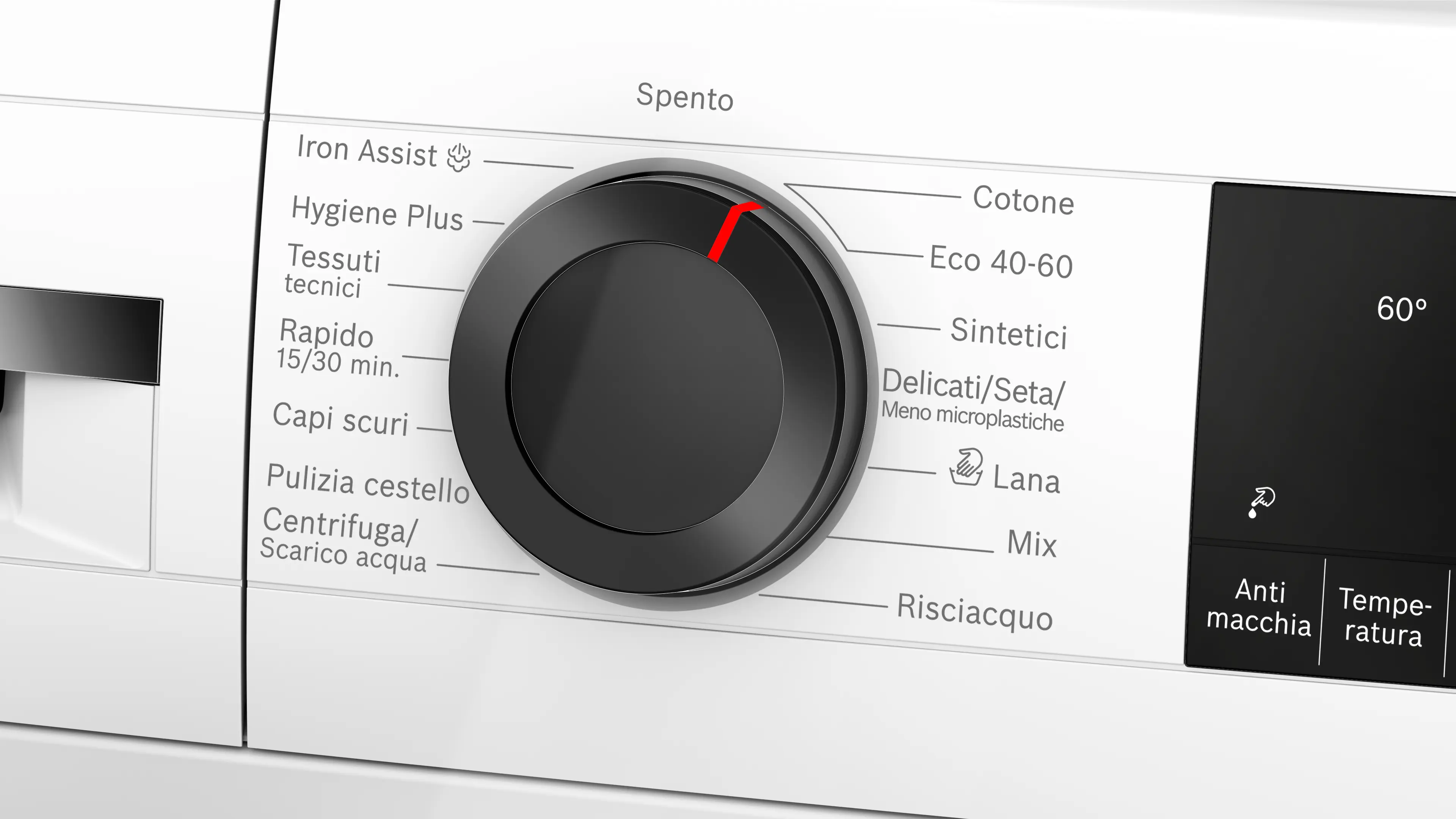 Pannello di controllo lavatrice con selettore e display che mostra 60°.