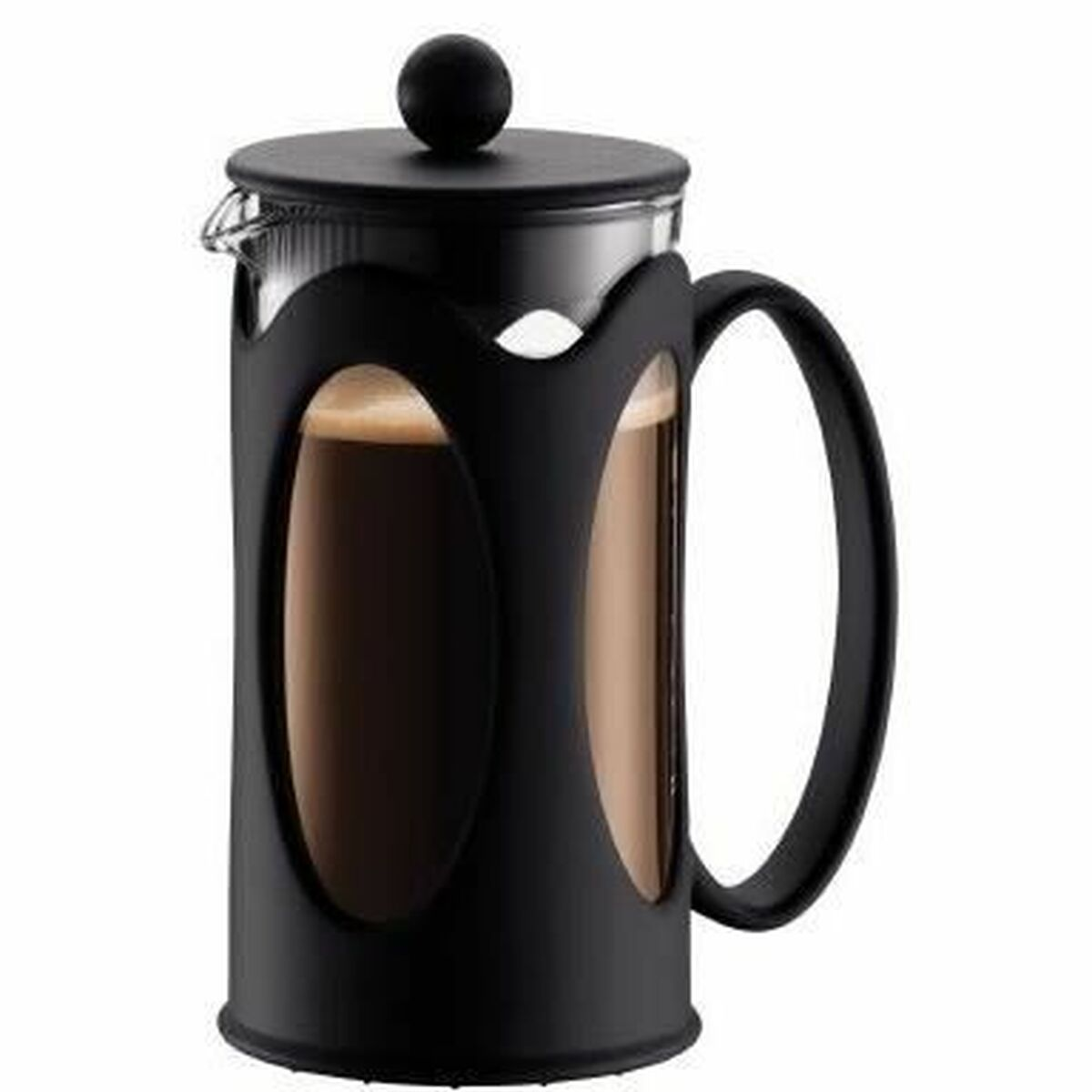 Caffettiera French press nera con caraffa in vetro, piena di caffè.