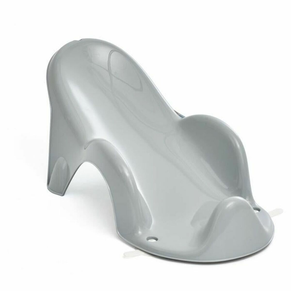 Grauer Baby-Badeunterstützer mit ergonomischer Form und Stützrillen.