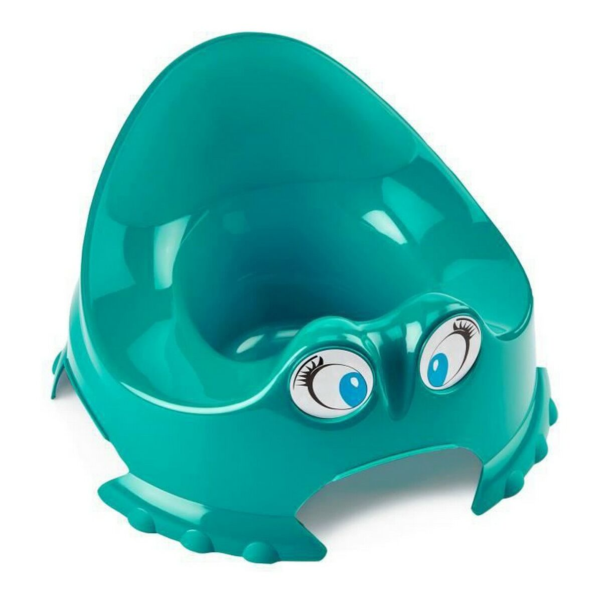 Ein türkisfarbener Töpfchen-Sitz mit aufgemalten Augen im Froschdesign.