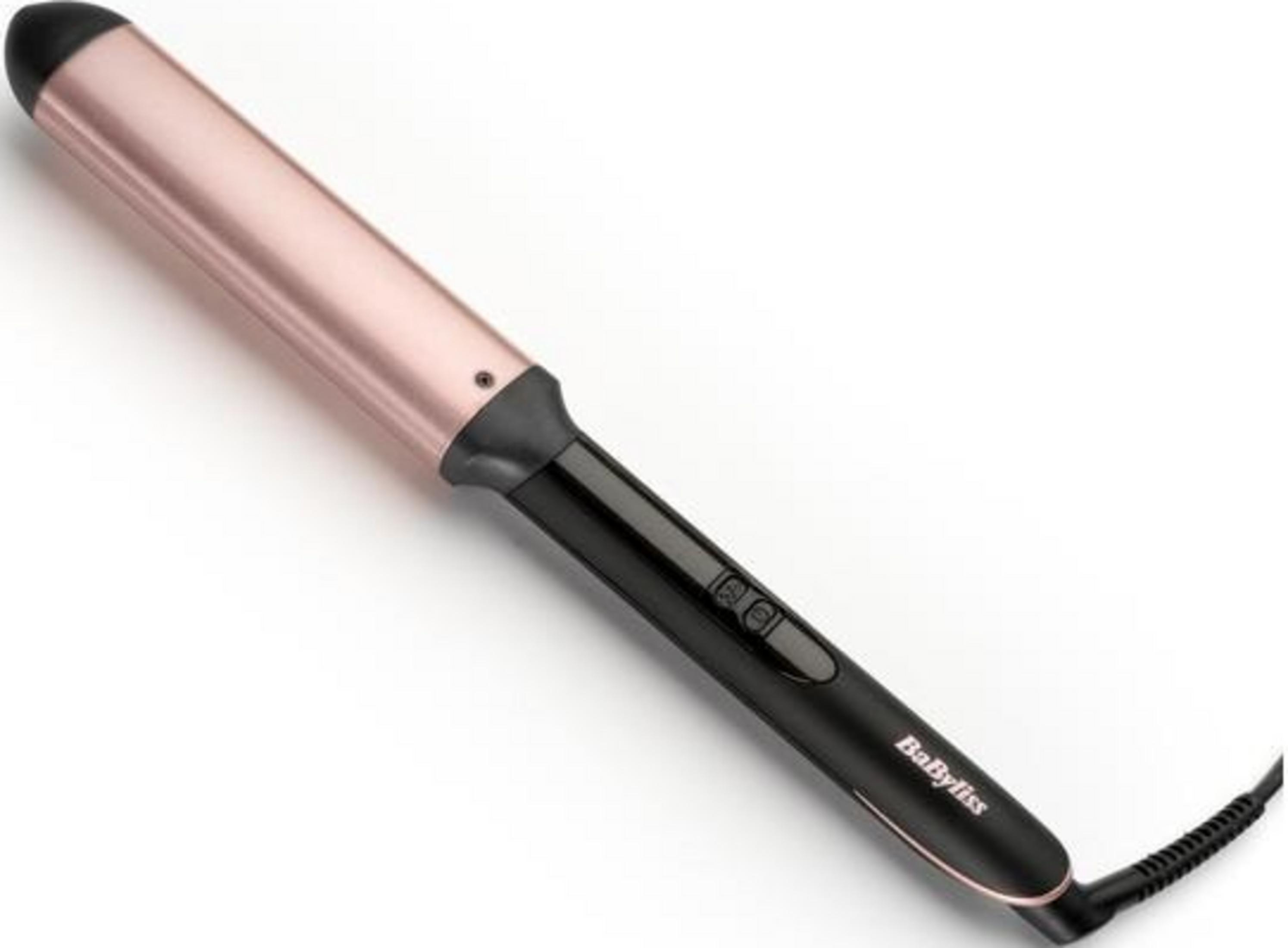 Ein roségoldener Lockenstab mit schwarzem Griff und Bedienelementen.