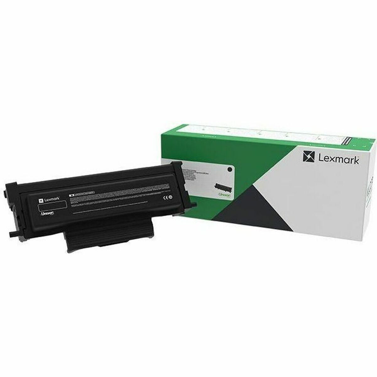 Ein schwarzer Lexmark-Druckerpatronenbehälter und eine grüne Lexmark-Verpackungsbox.