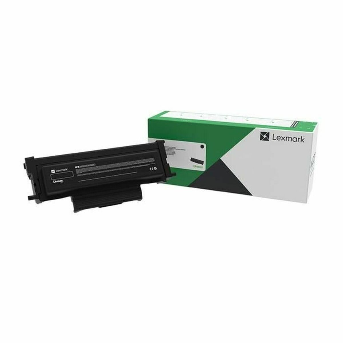 Een zwarte tonercartridge naast een groen-witte Lexmark doos.