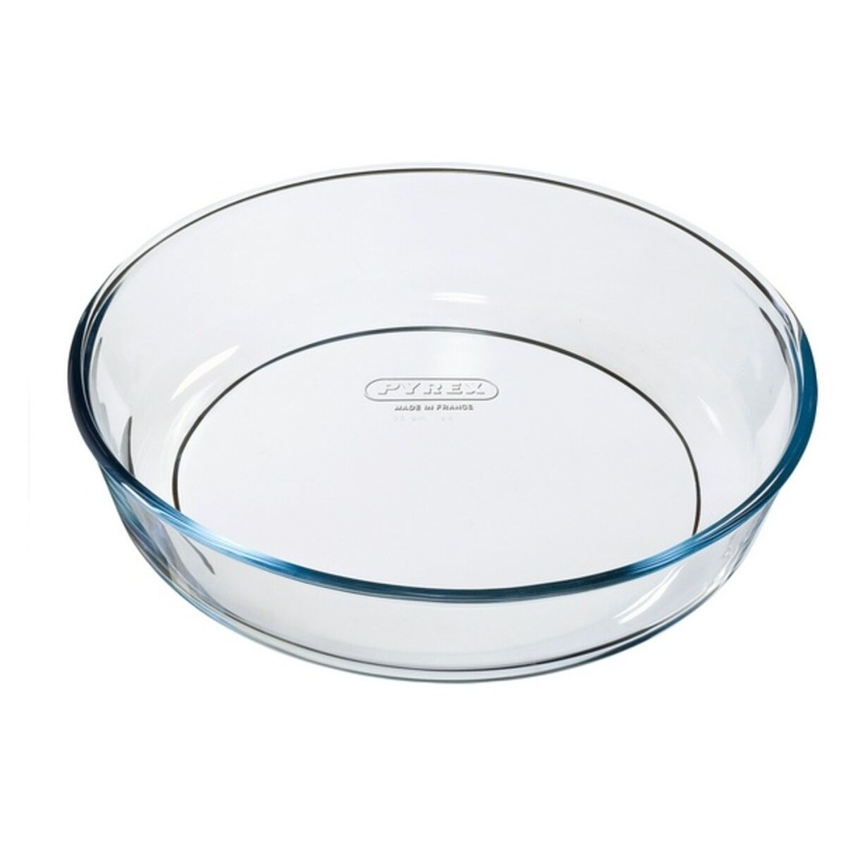 Eine runde, transparente Glas-Auflaufform von Pyrex mit blauer Kante.