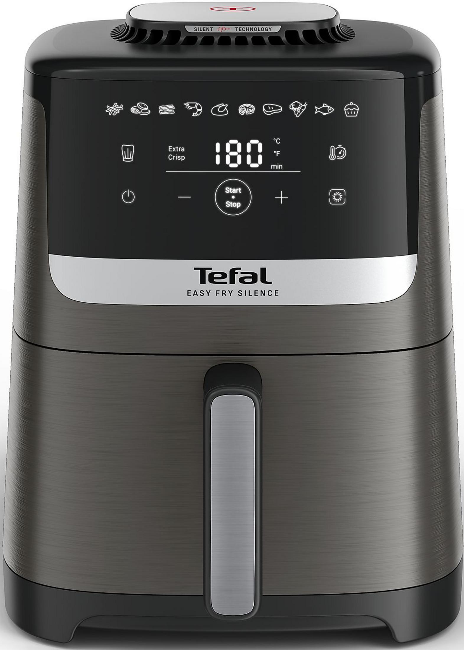 Czarna frytkownica Tefal z cyfrowym wyświetlaczem i ikonami gotowania.