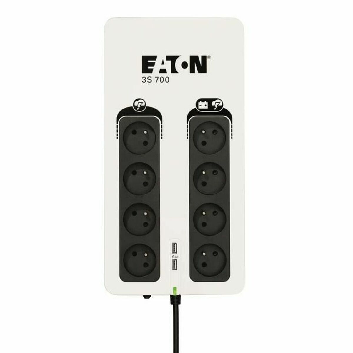 Un protector contra sobretensiones Eaton 3S 700 blanco con 8 enchufes y 2 puertos USB.