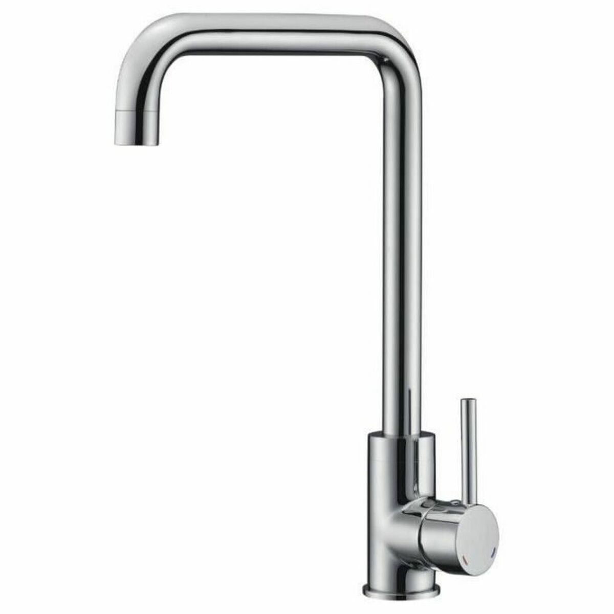 Ein glänzender Chrom Wasserhahn mit einem hohen, gebogenen Auslauf und einem Hebelgriff.
