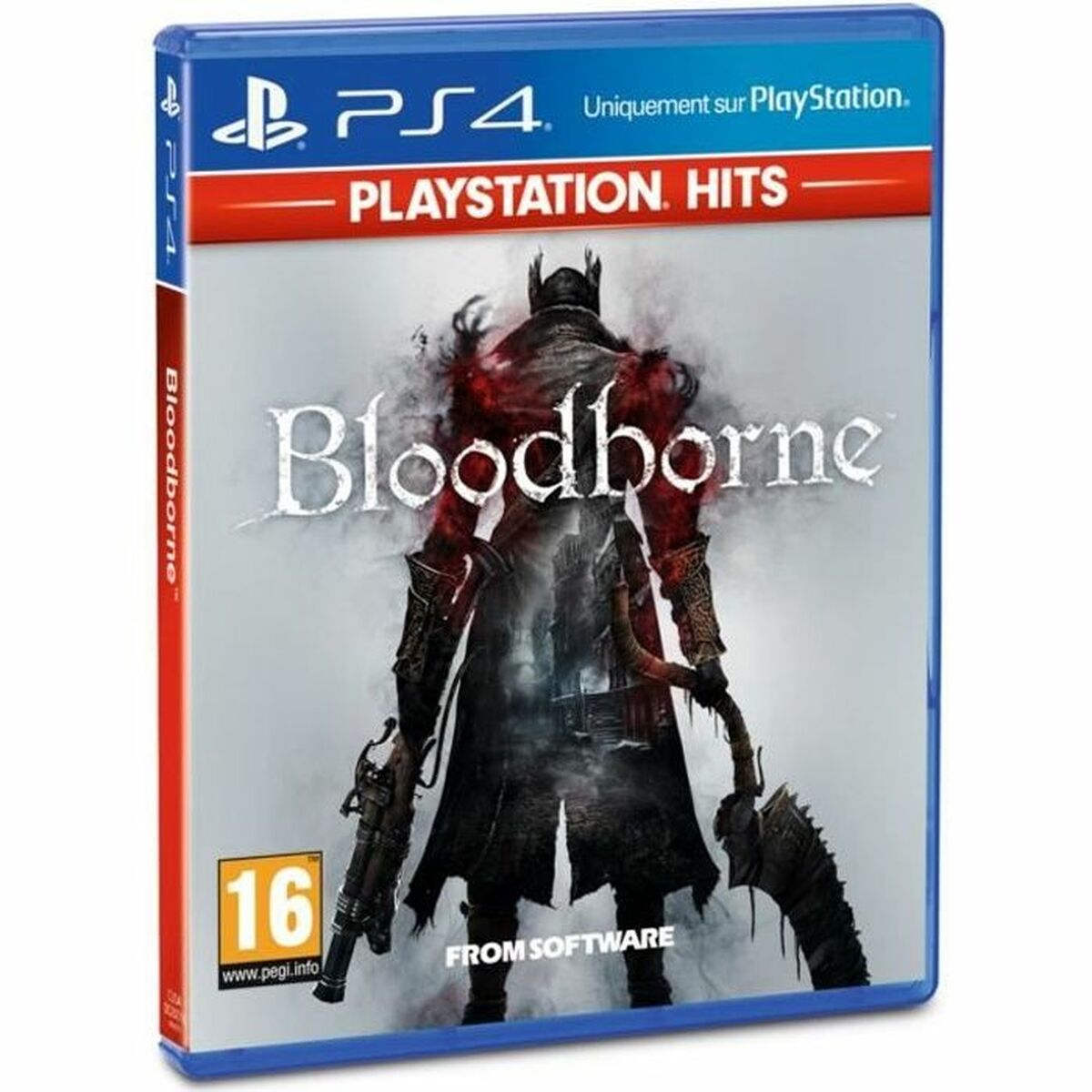 Custodia PS4 Bloodborne con figura guerriero, etichetta "PLAYSTATION. HITS".