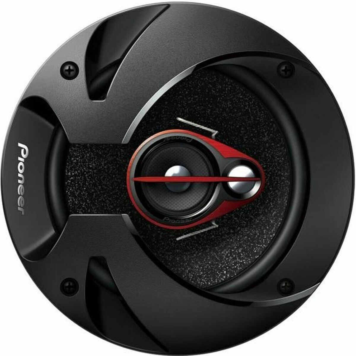 Altoparlante Pioneer nero con finiture rosse e accenti argentati.