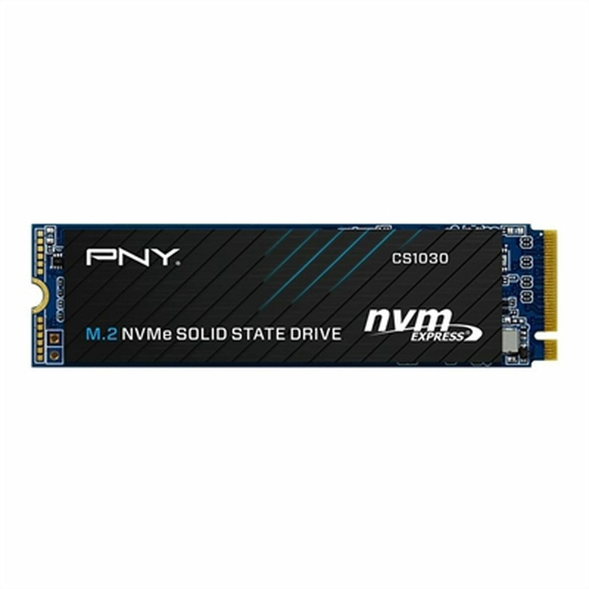 Dysk SSD PNY CS1030 M.2 NVMe z srebrnymi i niebieskimi akcentami na czarnym tle.